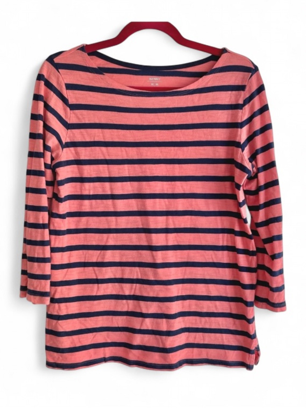 Old Navy Coral and Blue Striped Boatneck Tee Size M